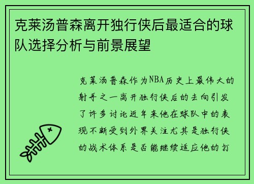 克莱汤普森离开独行侠后最适合的球队选择分析与前景展望