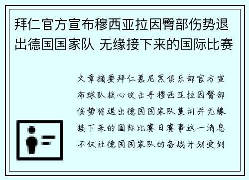 拜仁官方宣布穆西亚拉因臀部伤势退出德国国家队 无缘接下来的国际比赛