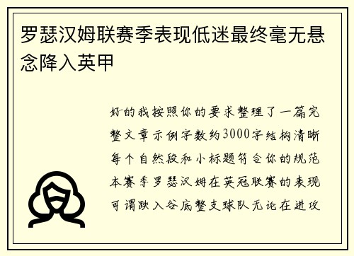 罗瑟汉姆联赛季表现低迷最终毫无悬念降入英甲